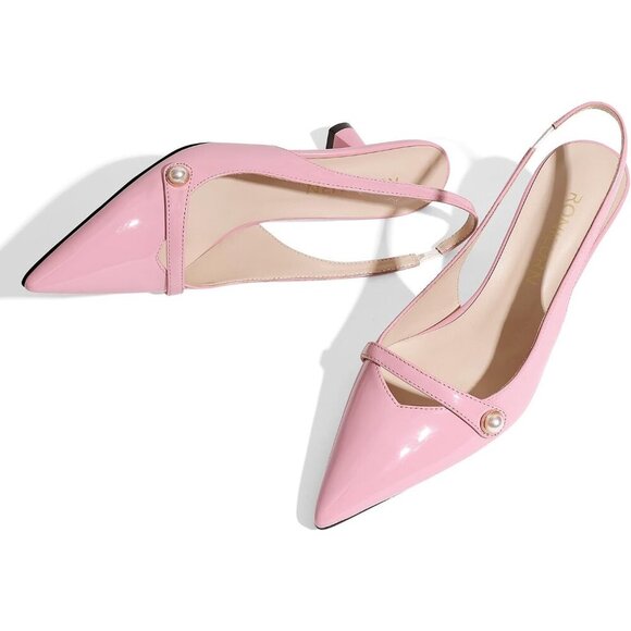 🆕Pink Faux Leather Slingback Kitten Heel Pumps, Pearl Pointed Toe for Wedding - Picture 4 of 7